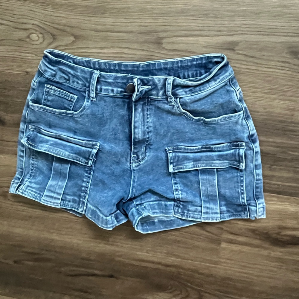 97% cotton medium stretchy Blue Denim Cargo Shorts